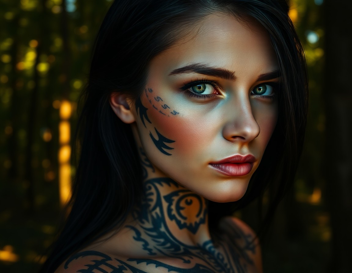 AI generated art for prompt: Craft a high-definition digital portrait showcasing a mysterious woman adorned with intricate tribal