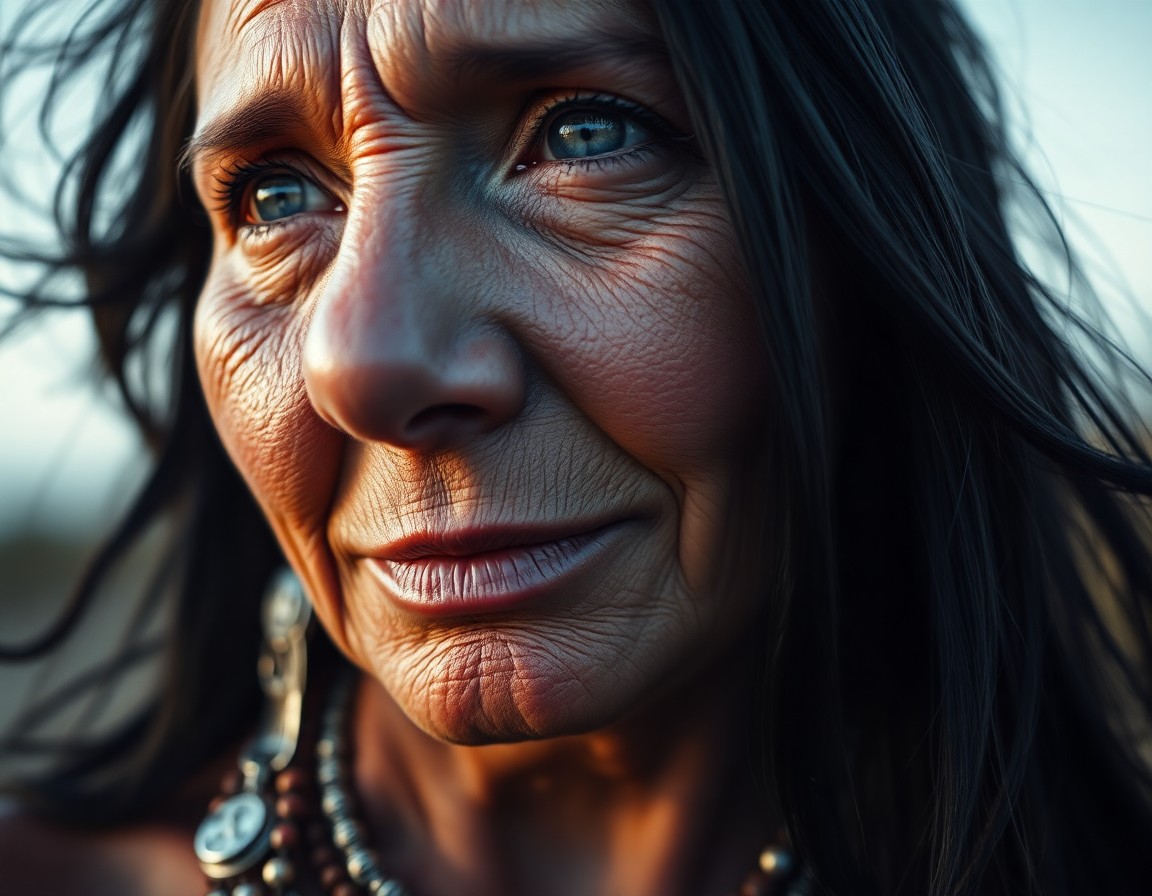 AI generated art for prompt: A photorealistic portrait of an enigmatic Aboriginal woman with captivating blue eyes and flowing ra