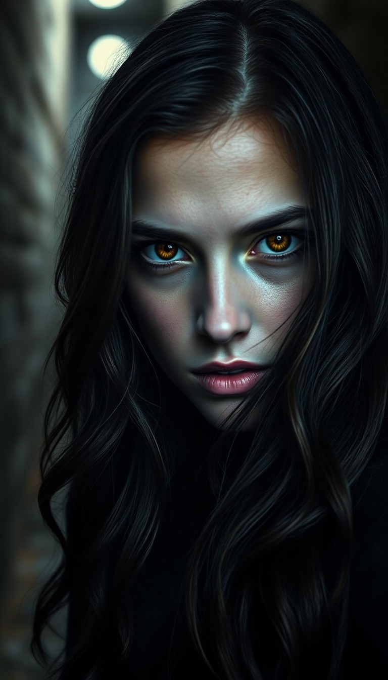 AI generated art for prompt: A photorealistic portrait showcases an enigmatic Nordic woman with captivating amber eyes and raven 