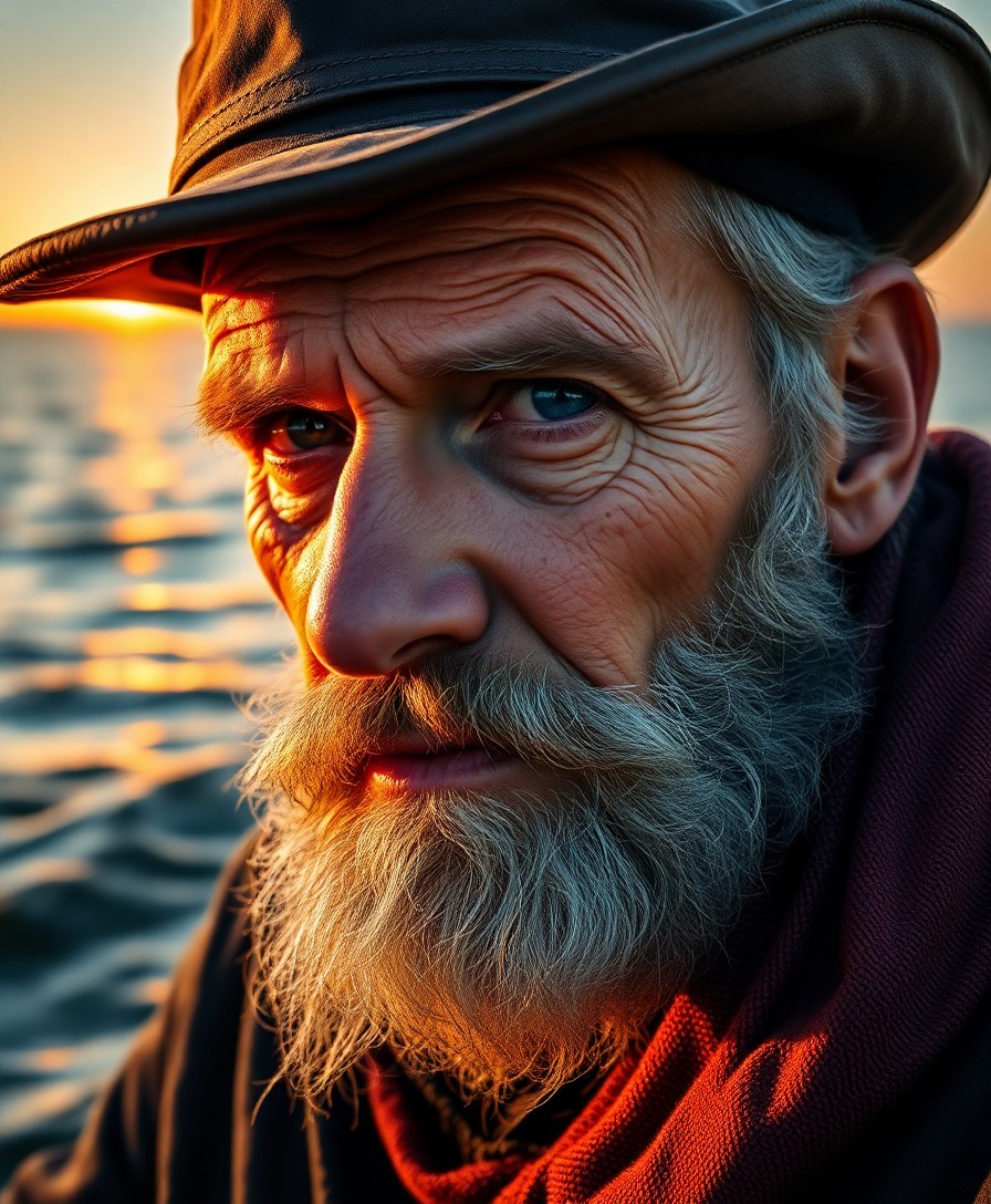 AI generated art for prompt: A photorealistic portrait captures a weathered fisherman with furrowed skin, his serene blue eyes ga