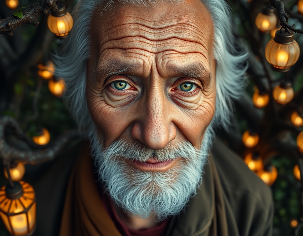 AI generated art for prompt: Craft a photorealistic portrait of an aged sage with eyes of warm green wisdom and an enigmatic smil