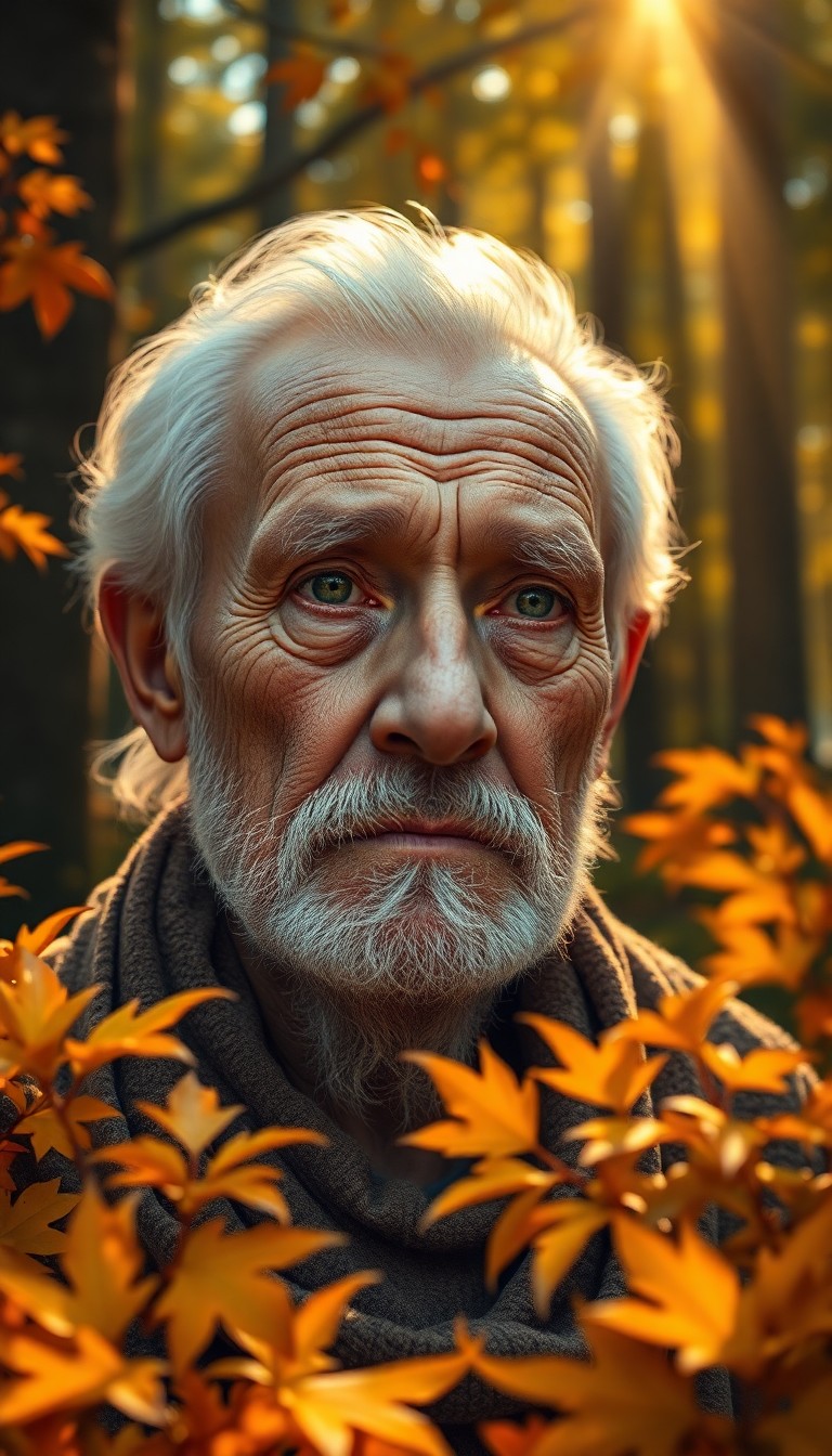 AI generated art for prompt: Envision a photorealistic portrait of an elderly sage with serene green eyes amidst an ancient fores