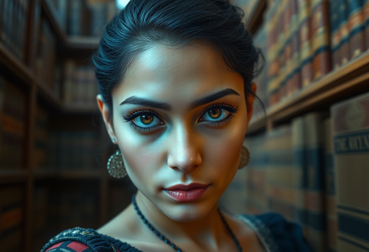 AI generated art for prompt: Envision a hyperrealistic portrait of an enigmatic South Asian woman with captivating amber eyes acc