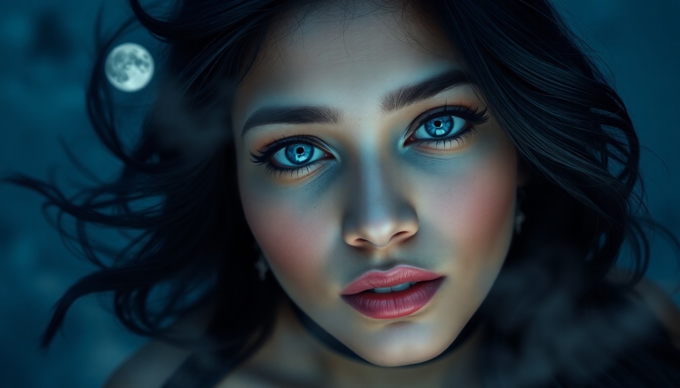 AI generated art for prompt: Hyperrealistically rendered, this portrait showcases a South Asian woman with captivating azure eyes