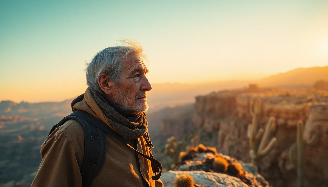 AI generated art for prompt: Envision a photorealistic portrait of an aged traveler, their gaze fixed thoughtfully on the horizon