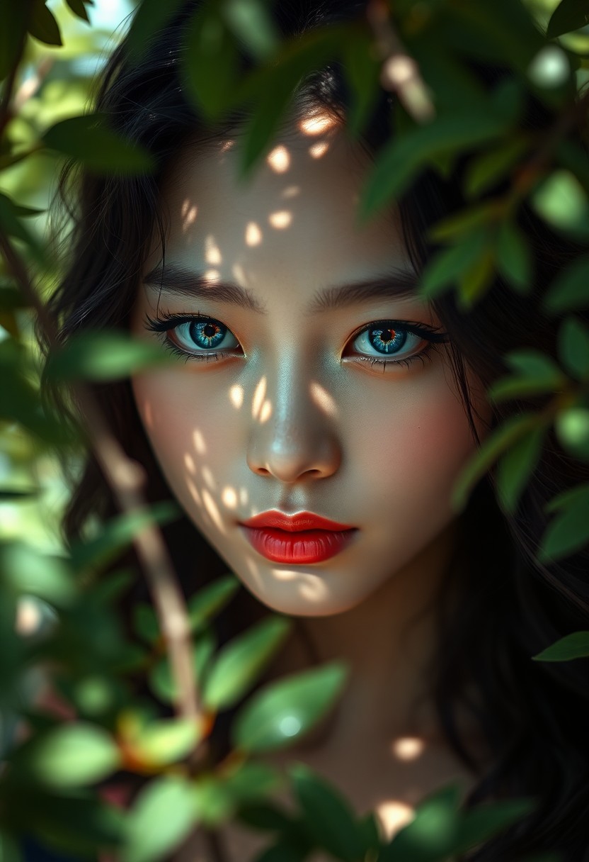 AI generated art for prompt: Envision a photorealistic portrait of an enigmatic young East Asian woman with captivating azure eye