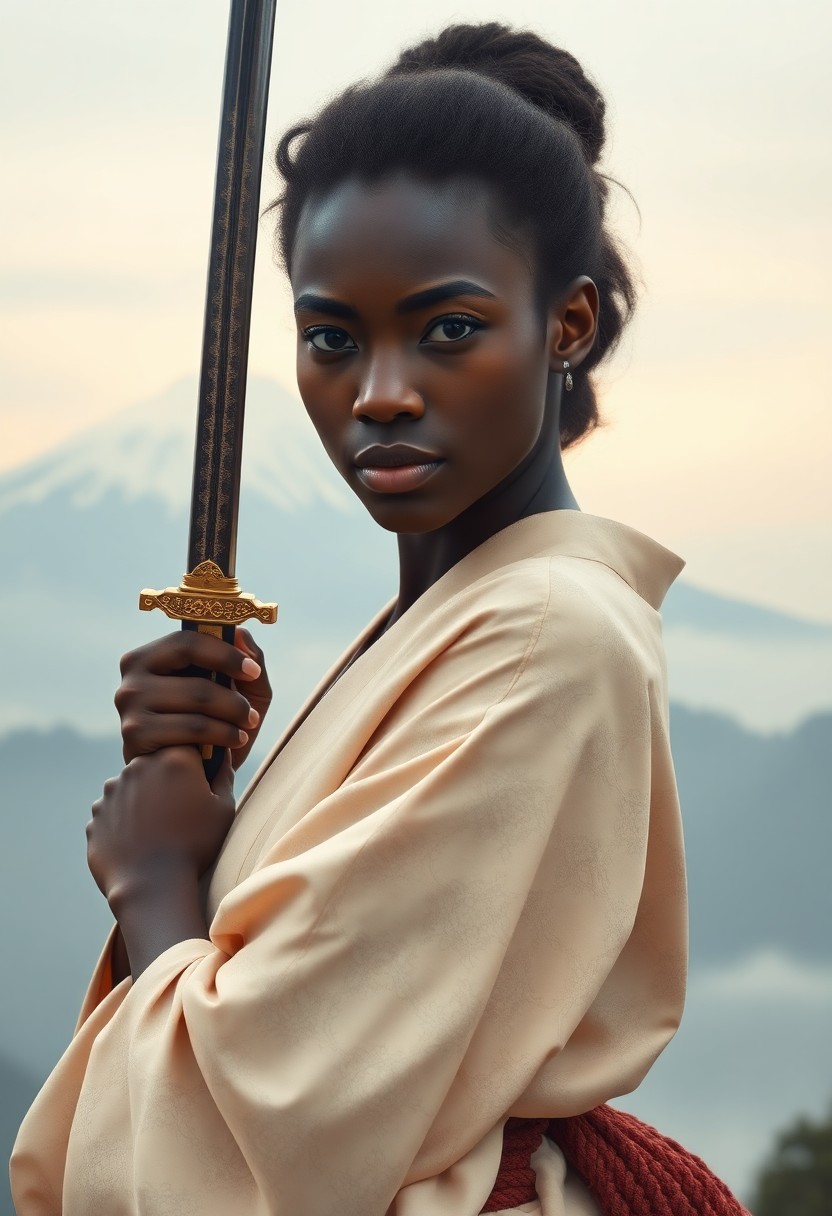 AI generated art for prompt: A photorealistic portrait depicts an African woman embodying the stoicism of a samurai against a mis