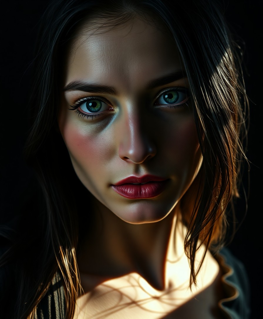 AI generated art for prompt: Create a photorealistic portrait capturing the essence of Caravaggio's chiaroscuro style with smartp