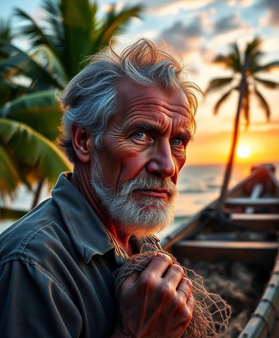 AI generated art for prompt: During golden hour's serene sunset glow, depict an intimate portrait of a weathered fisherman whose 