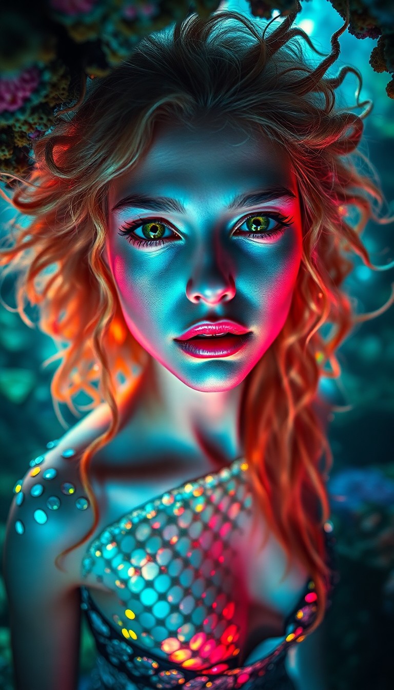 AI generated art for prompt: A captivating fine art photography portrait presents an enigmatic mermaid's allure, her iridescent s