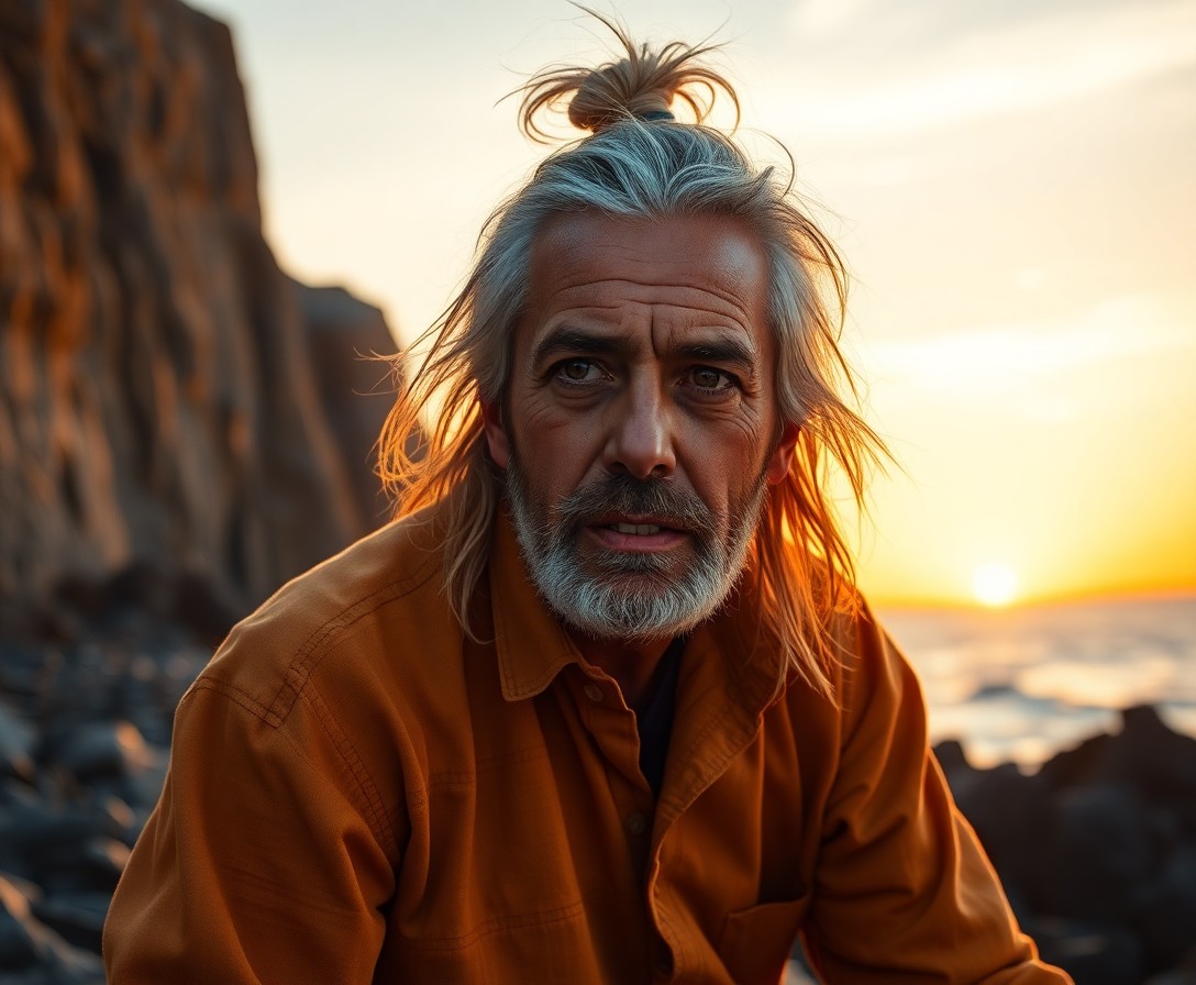 AI generated art for prompt: A photorealistic portrait depicts a sun-kissed fisherman with weathered features and deep, wise eyes