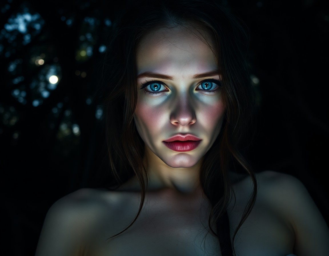 AI generated art for prompt: An enigmatic Amazonian woman's portrait, captured by a DSLR camera, reveals her porcelain skin and p