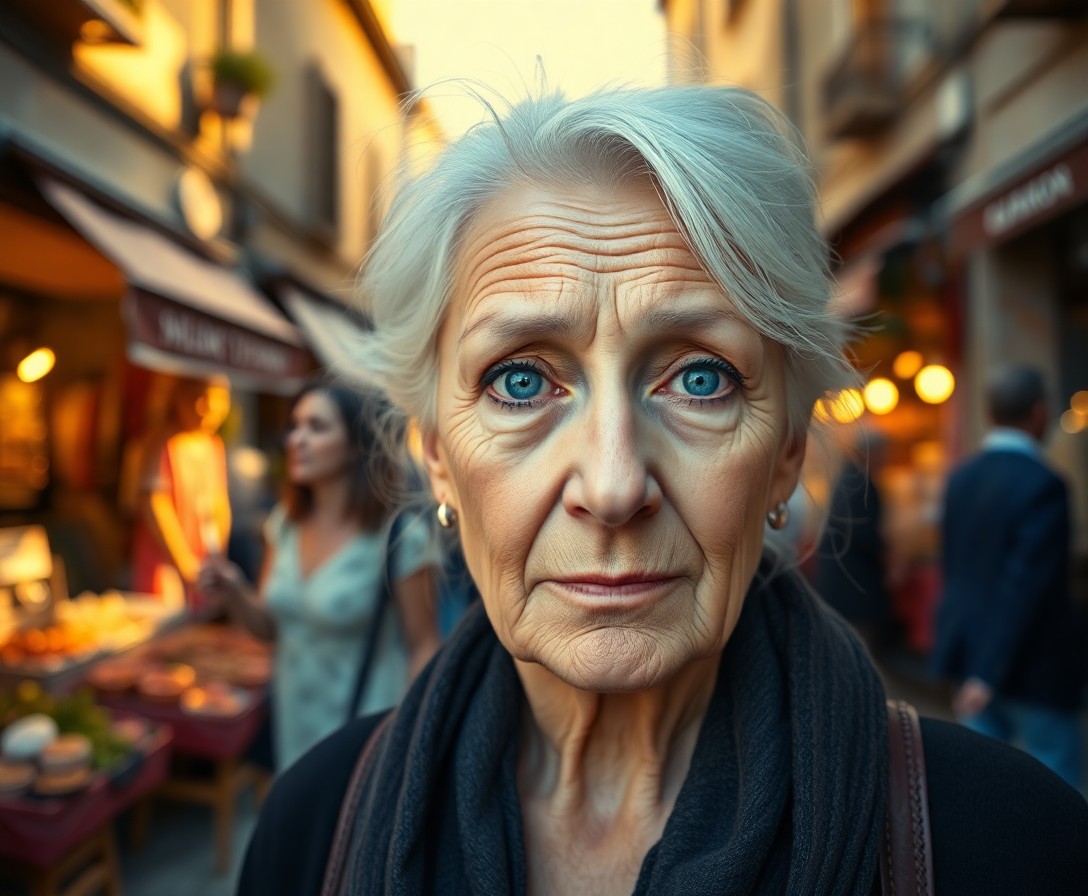 AI generated art for prompt: A super-realistic portrait of an enigmatic older Mediterranean woman with piercing blue eyes and str