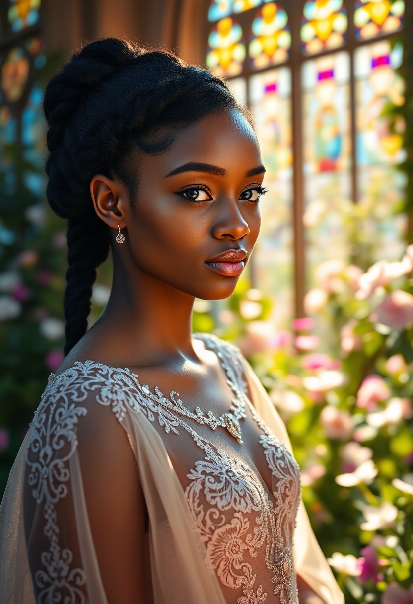 AI generated art for prompt: A photorealistic portrait photograph showcases a young African woman with captivating blue-green eye