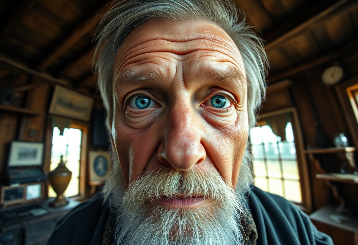 AI generated art for prompt: Envision a photorealistic portrait of an aged Slavic gentleman captured from a unique 'bug's-eye vie