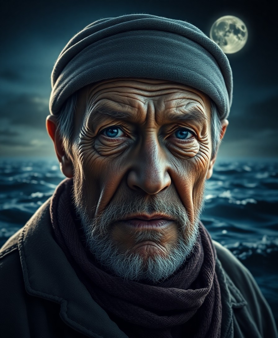 AI generated art for prompt: Craft a photorealistic portrait of an aged sailor, his face etched with lines from years at sea. Cap