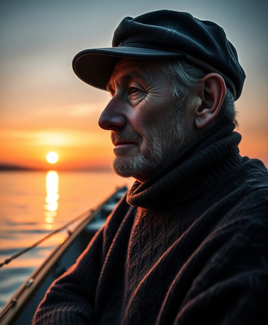 AI generated art for prompt: Craft a photorealistic portrait photograph capturing a solitary fisherman's silhouette at sunset in 