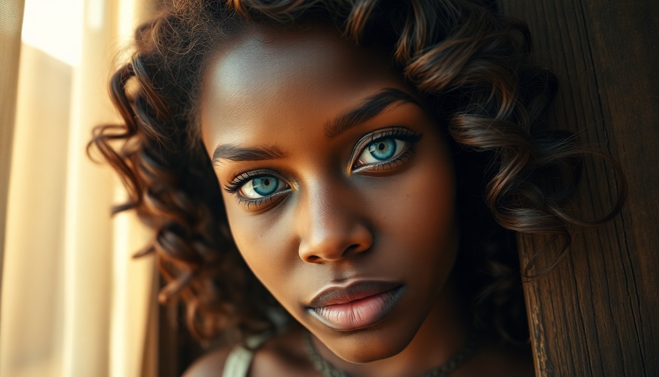 AI generated art for prompt: Focus on a close-up portrait of an African woman with captivating azure eyes and wavy chestnut hair 