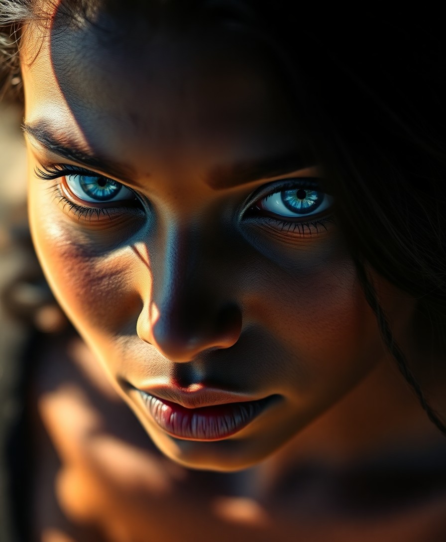 AI generated art for prompt: Generate a photorealistic portrait of an enigmatic Caribbean woman with melancholic blue eyes and fl