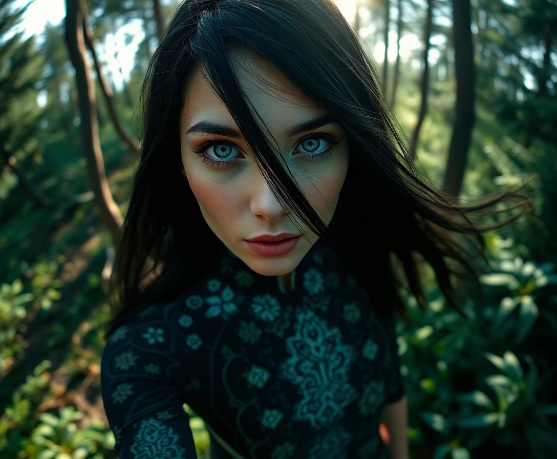 AI generated art for prompt: A captivating hyperrealistic portrait captures a Nordic woman with serene blue eyes and flowing jet-