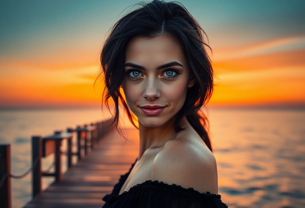 AI generated art for prompt: Craft a hyperrealistic portrait of an enigmatic woman with piercing green eyes and raven-black hair,