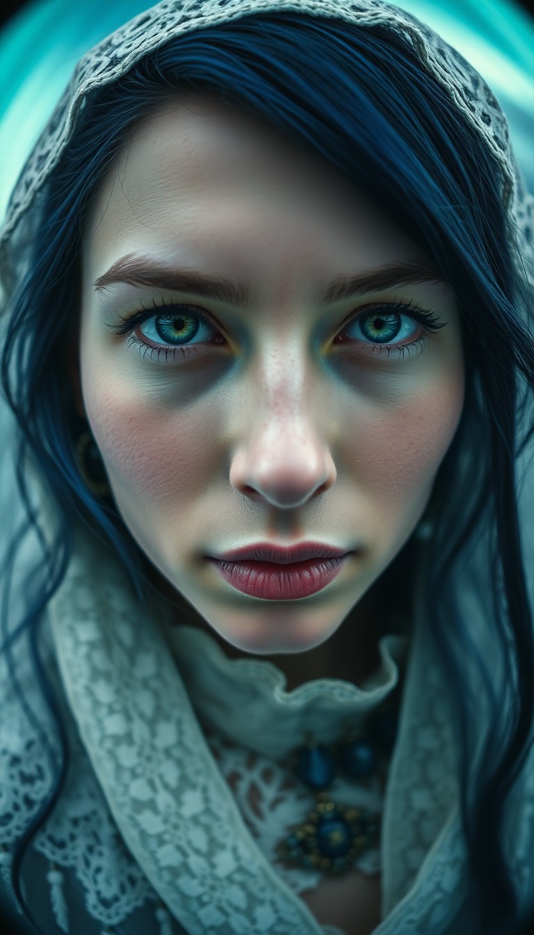 AI generated art for prompt: Envision a portrait, an enigmatic Nordic woman with distant green eyes and raven hair streaked blue,