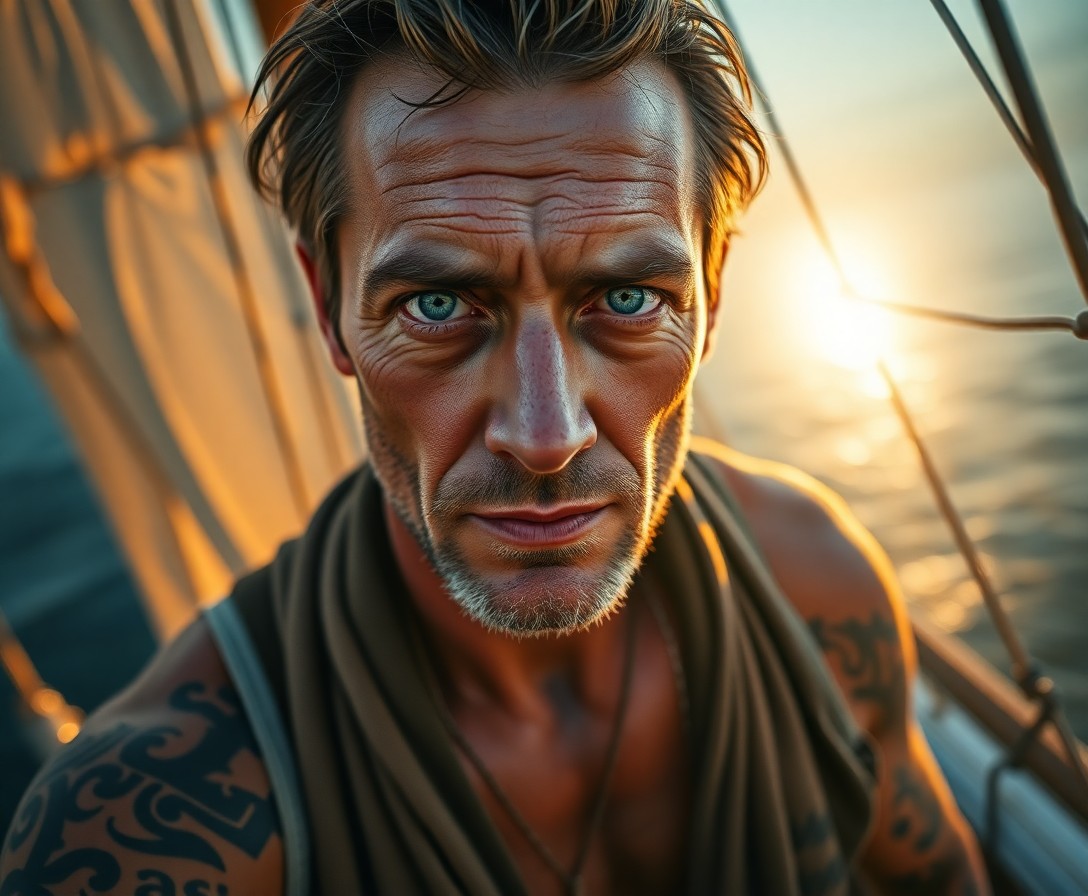 AI generated art for prompt: A photorealistic portrait of a weathered sailor with piercing blue eyes and rugged features, capture