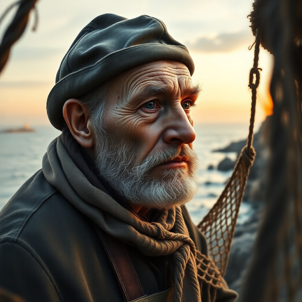 AI generated art for prompt: Craft a highly realistic portrait of an aged fisherman with rugged features and piercing eyes, lost 