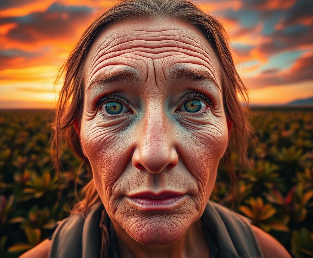 AI generated art for prompt: A close-up portrait of an aged female adventurer with captivating green eyes and sun-kissed skin rev