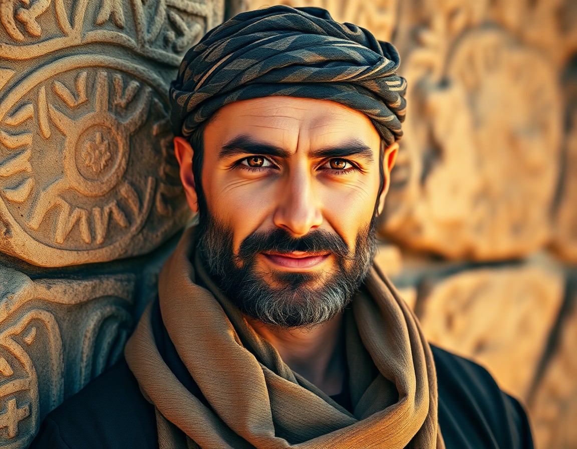 AI generated art for prompt: Craft a photorealistic portrait of a charismatic Middle Eastern Slavic man with rugged features, thi