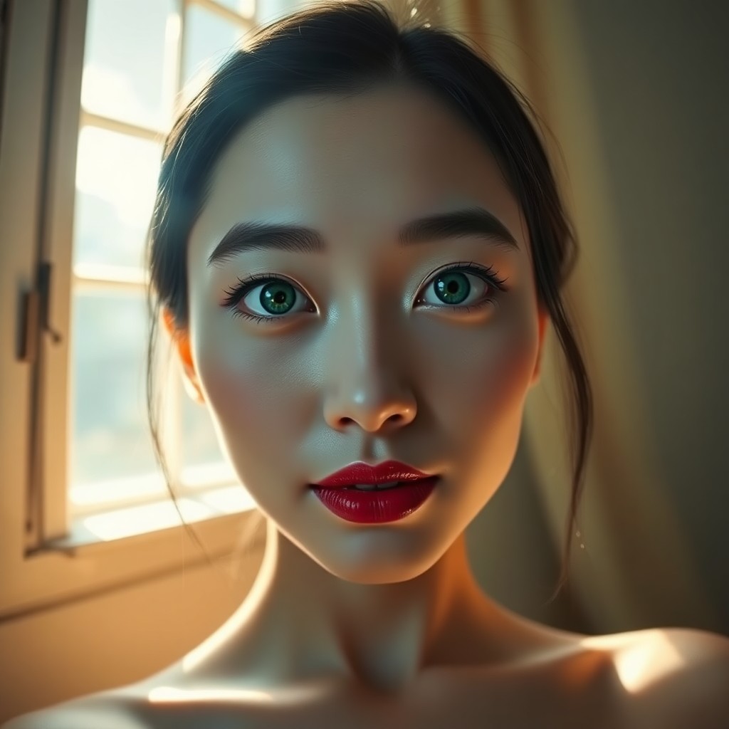 AI generated art for prompt: A captivating portrait of a young East Asian woman with porcelain skin and full red lips, her mesmer