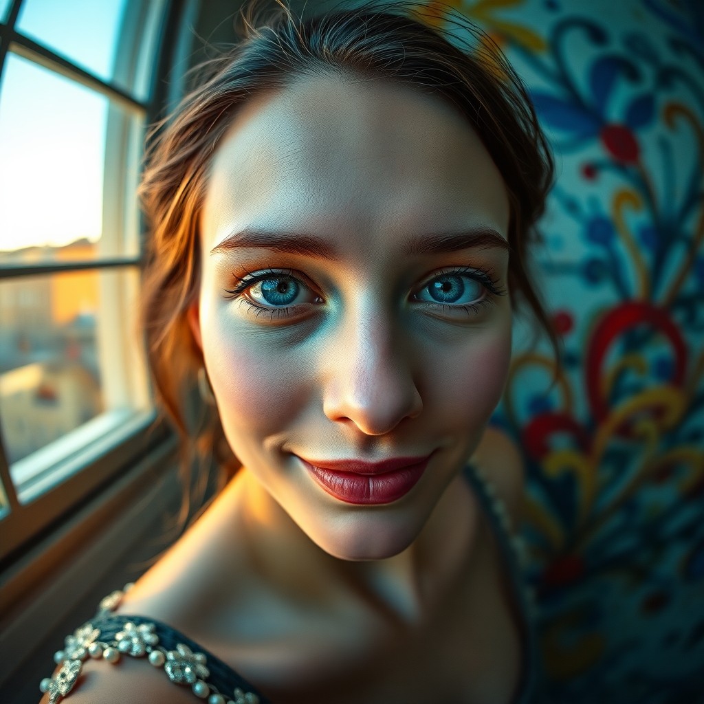 AI generated art for prompt: Imagine an intimate portrait of a Southern European woman with deep blue eyes and an enigmatic smile