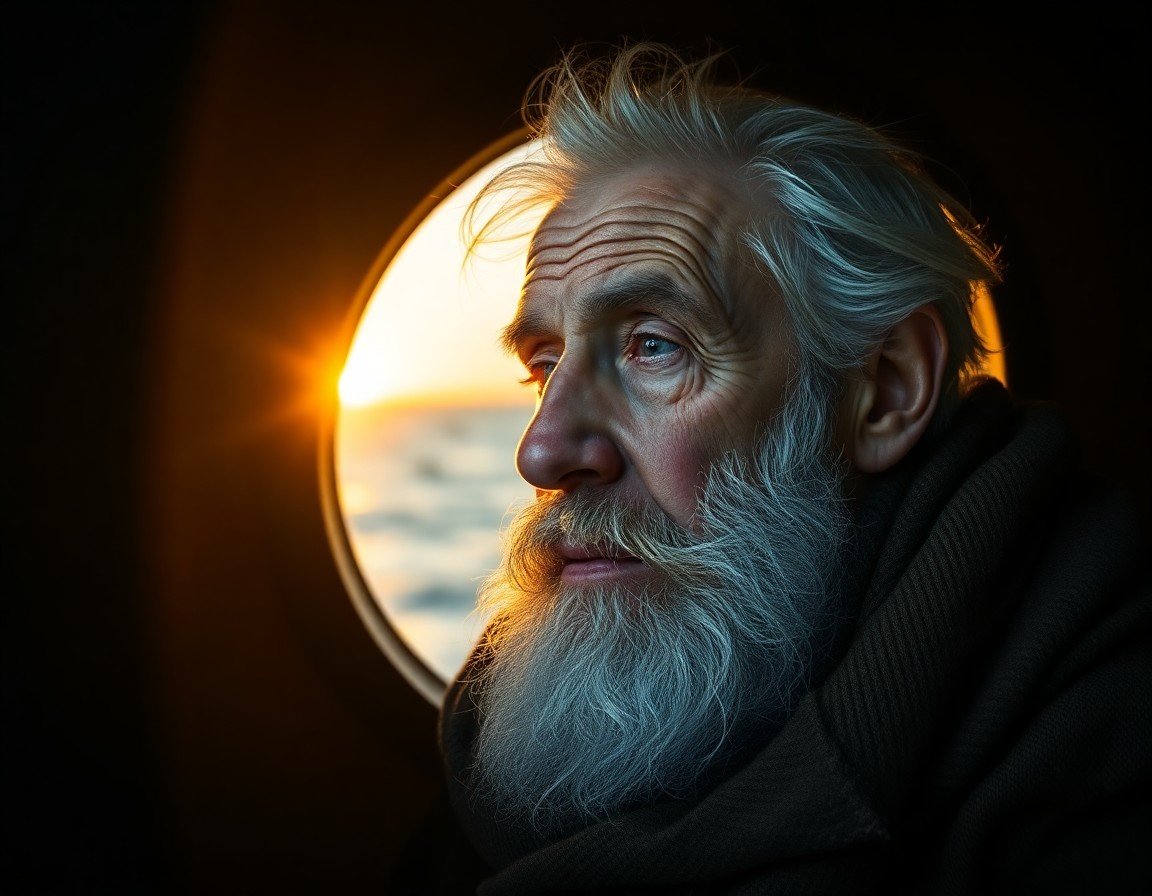 AI generated art for prompt: A captivating photorealistic portrait depicts an elderly sailor bathed in soft golden light streamin