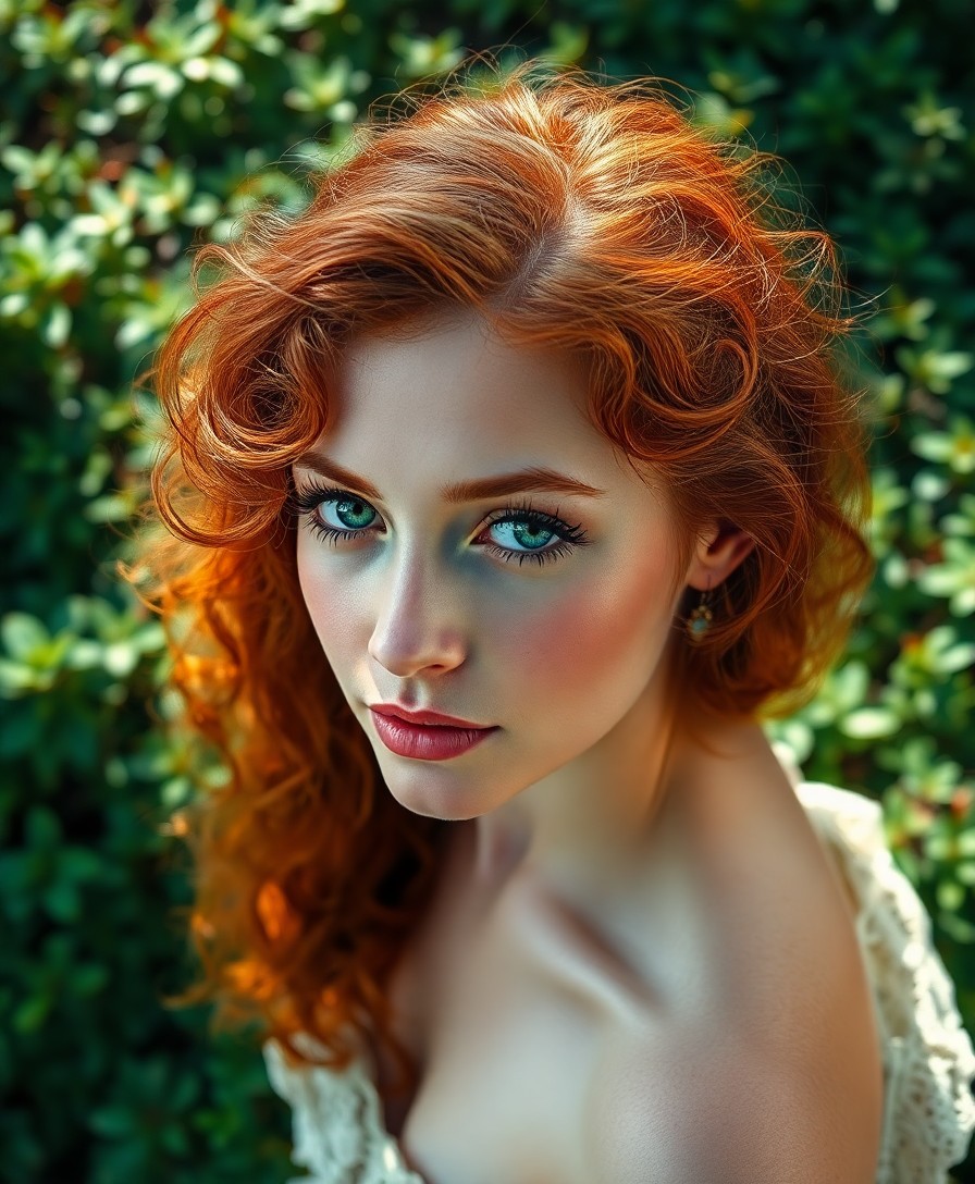 AI generated art for prompt: Create a captivating photorealistic portrait of a young Southern European woman with vibrant auburn 