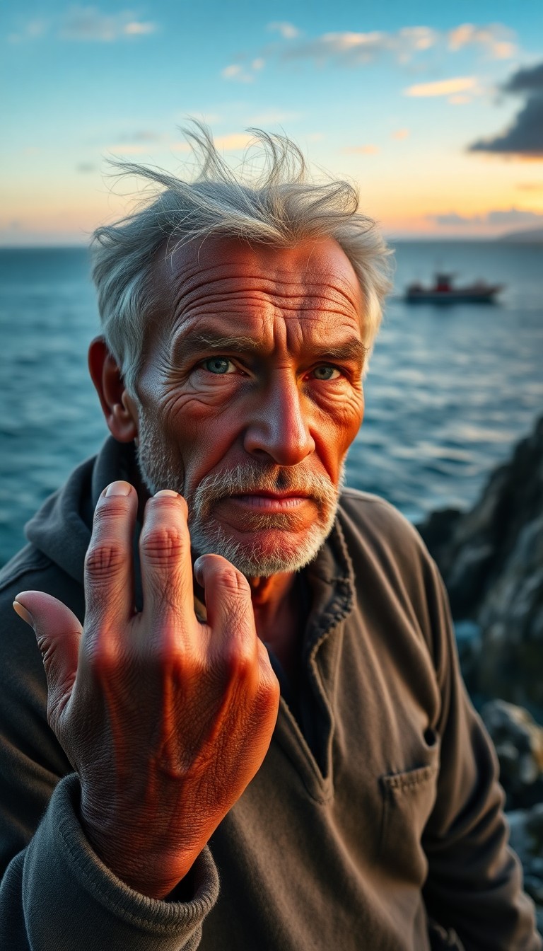 AI generated art for prompt: A weathered middle-aged fisherman with compassionate blue eyes and graying hair stands atop a windsw