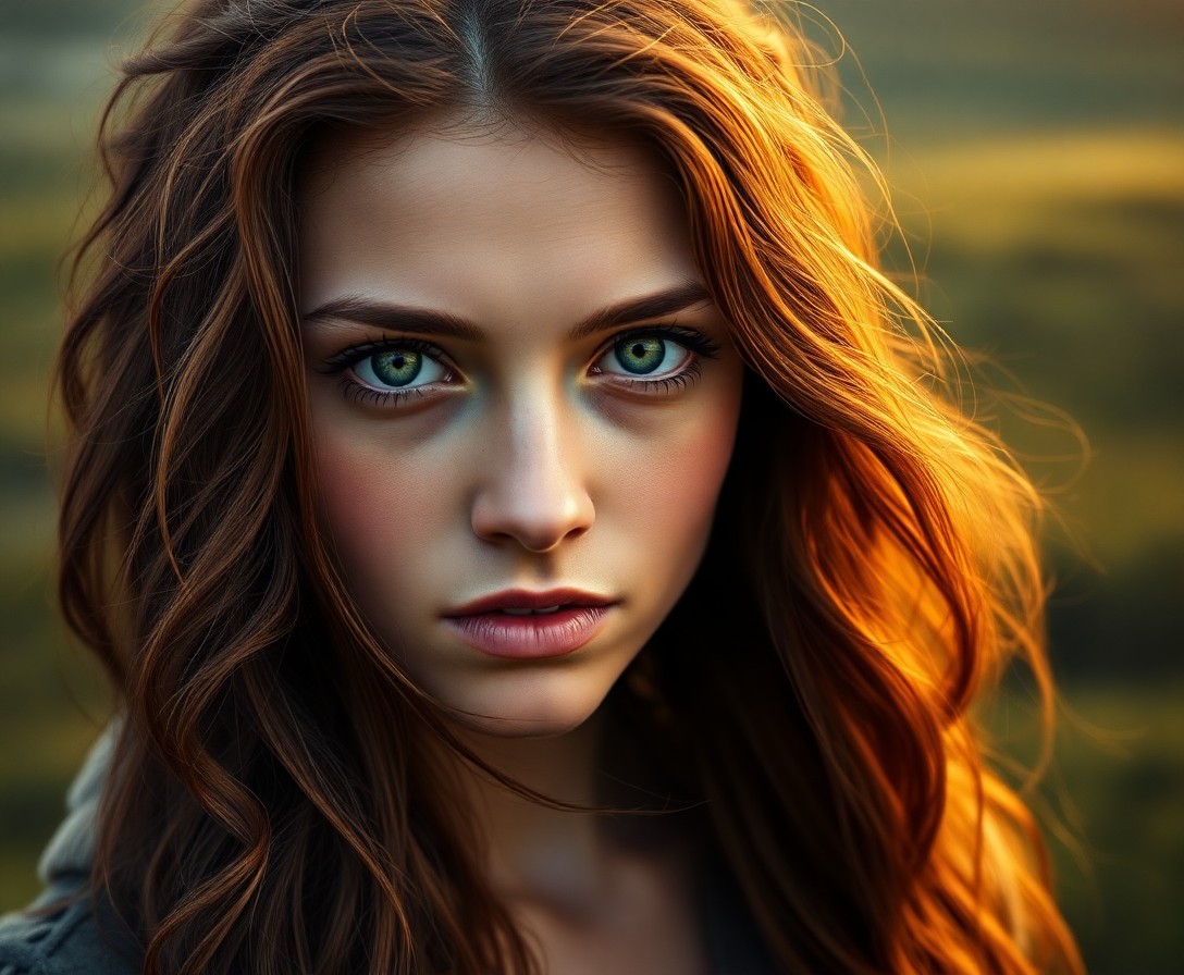 AI generated art for prompt: A photorealistic portrait of a young Nordic woman with serene green eyes and cascading chestnut hair