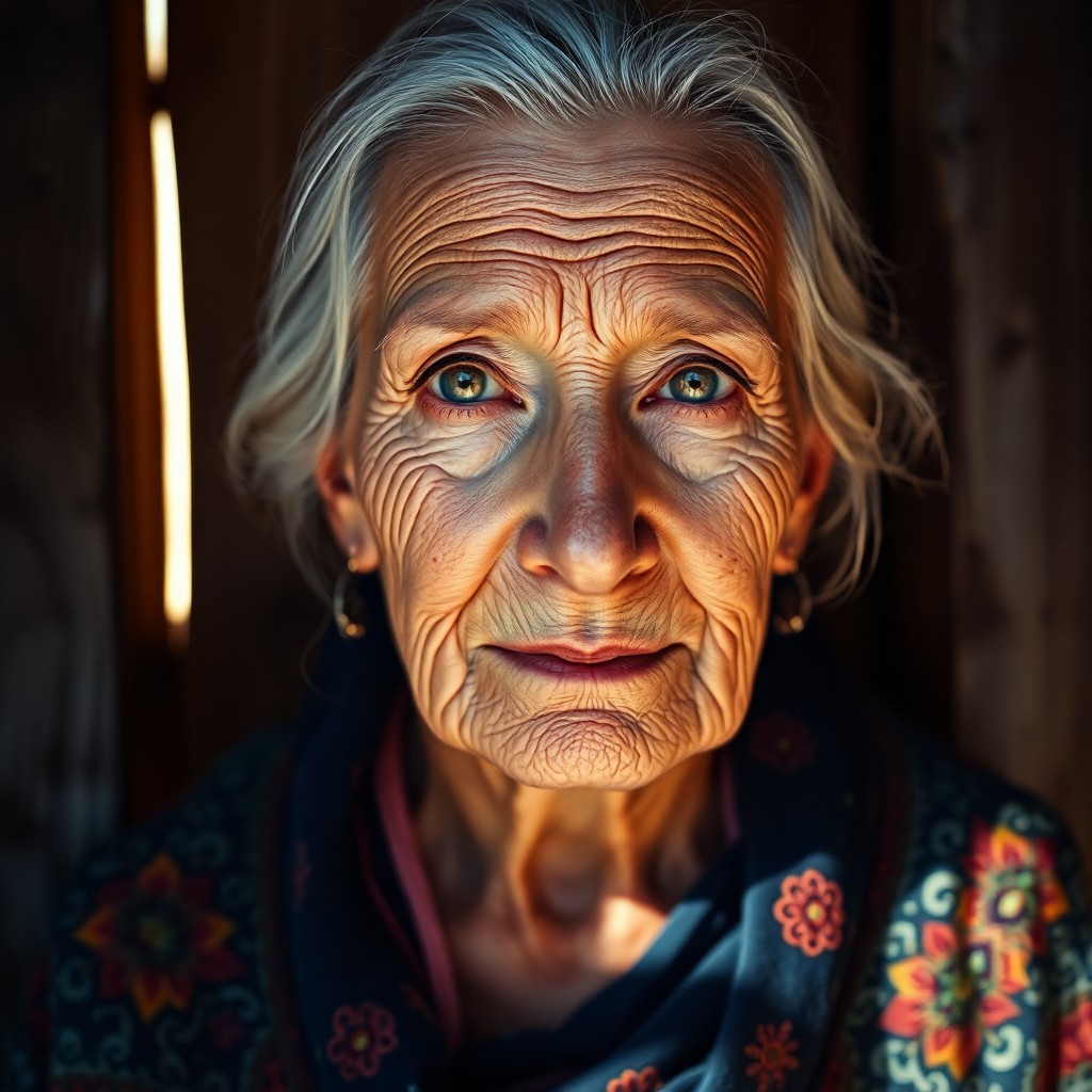 AI generated art for prompt: A photorealistic portrait photo taken with a mirrorless camera showcases an elderly Eastern European