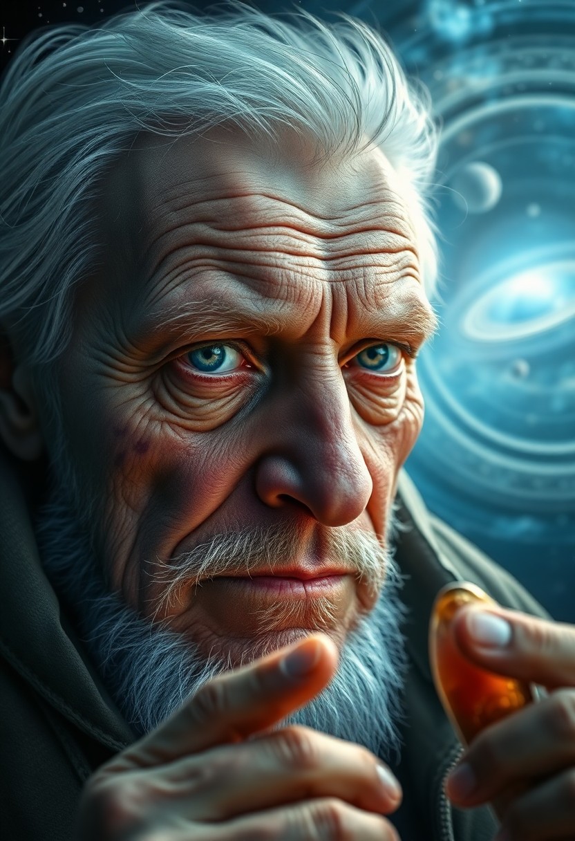 AI generated art for prompt: Create a photorealistic close-up portrait of an aged old-time traveler with serene blue eyes and a s