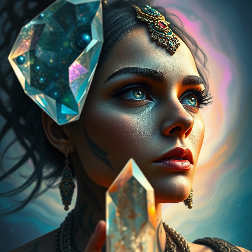 AI generated art for prompt: Envision an ancient mystic's enigmatic allure amidst a surrealistic digital painting. The portrait c