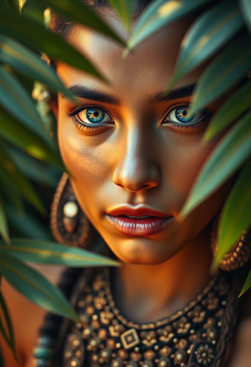 AI generated art for prompt: A photorealistic portrait depicts an enigmatic Polynesian woman adorned with intricate ancient triba