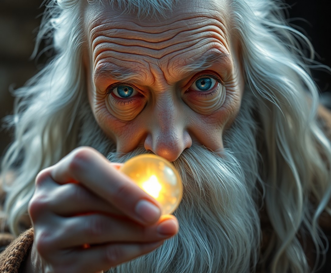 AI generated art for prompt: Imagine an ultrarealistic portrait of a wise old wizard with piercing azure eyes and bushy white eye