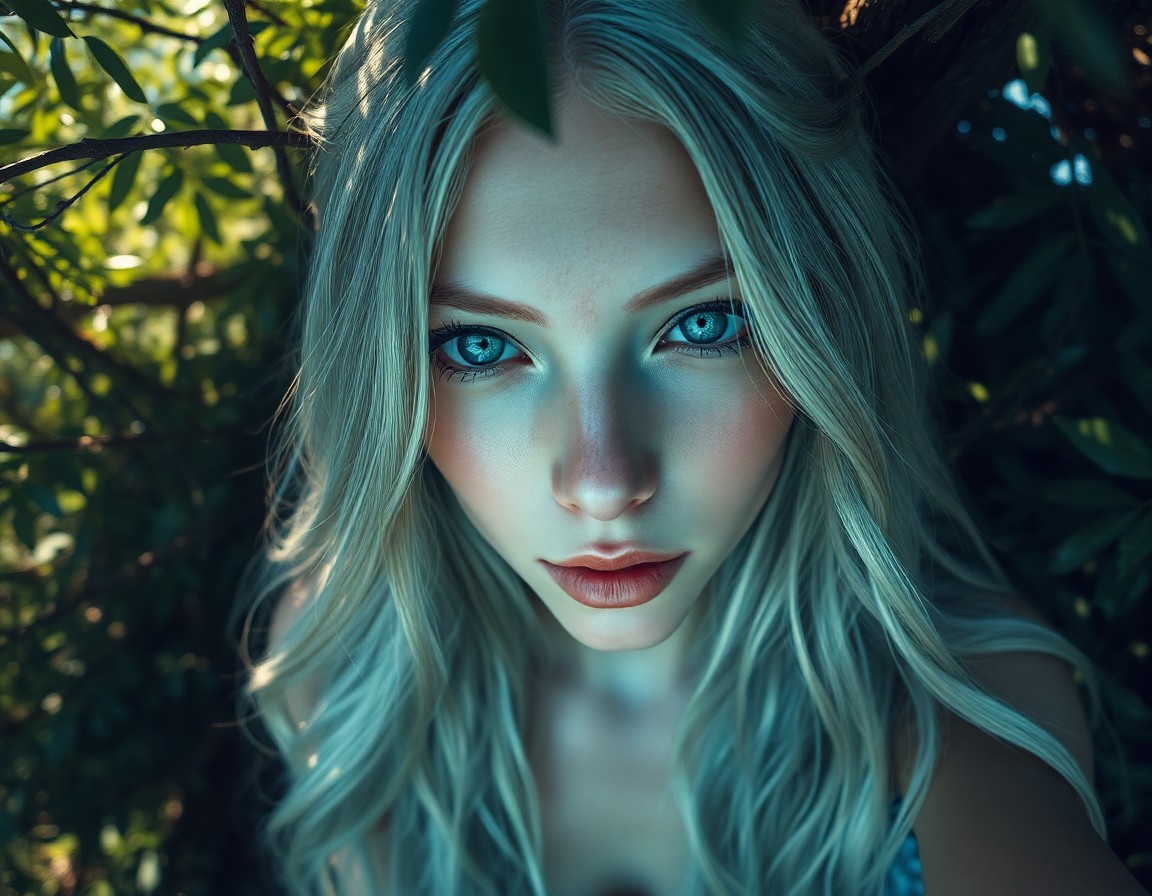 AI generated art for prompt: A captivating portrait of an ancient forest nymph, captured from a unique aerial perspective, showca