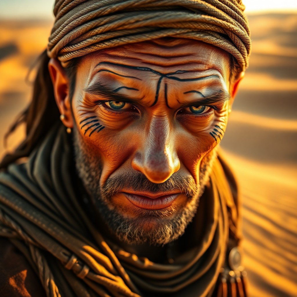 AI generated art for prompt: Envision a hyperrealistic portrait showcasing an ancient desert nomad's intense gaze and furrowed fe