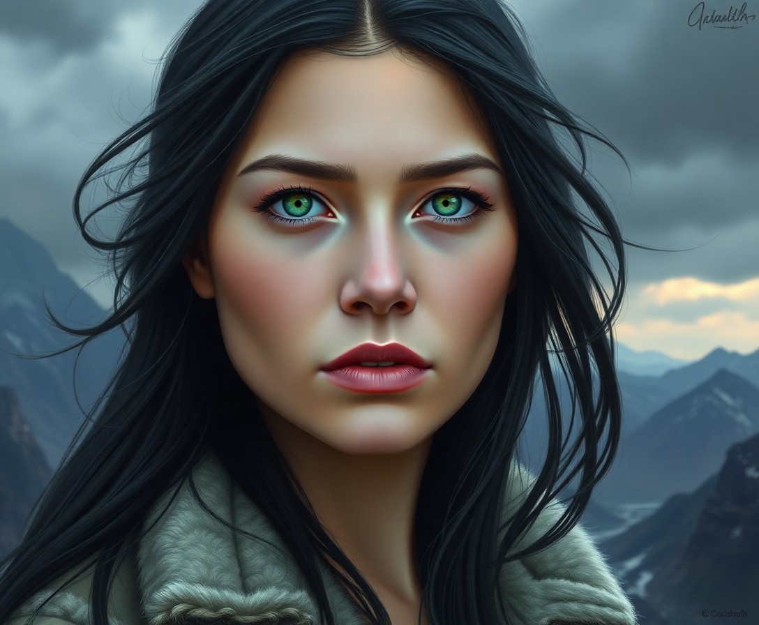 AI generated art for prompt: Meticulously detailed portrait of an Inuit woman with timid green eyes set against a stormy sky and 