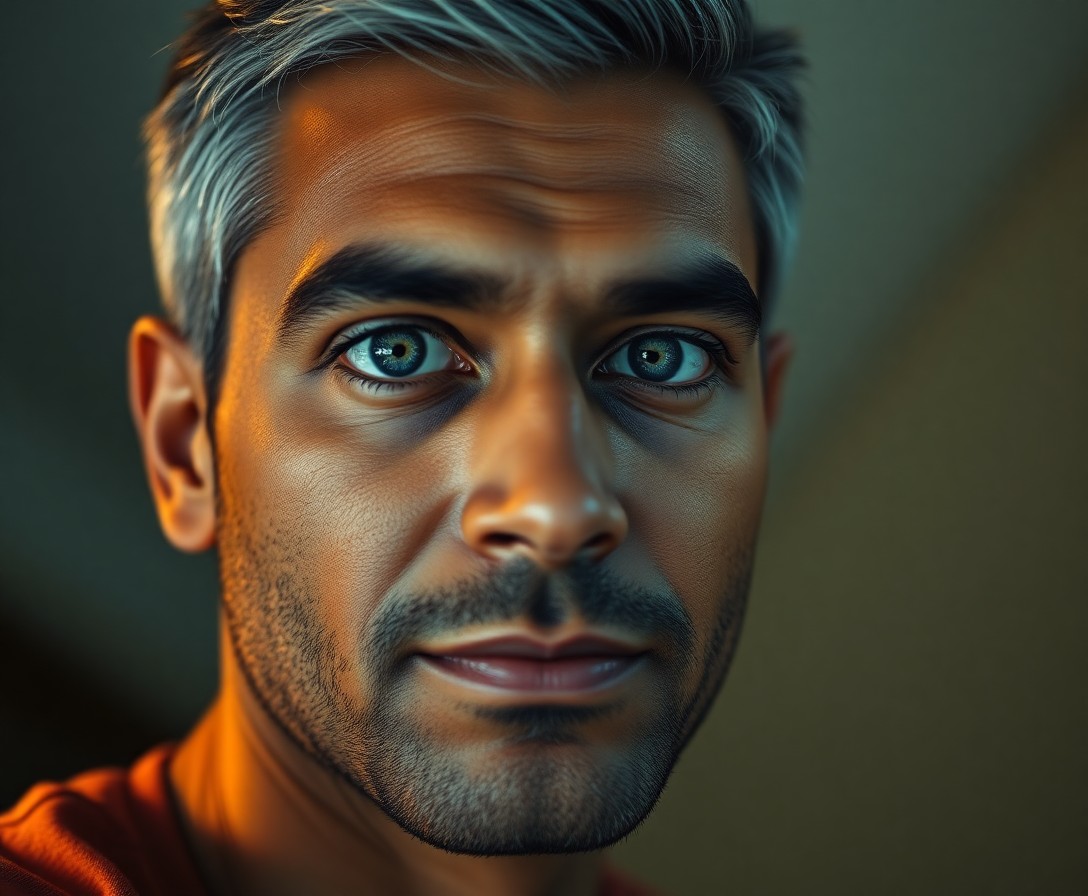 AI generated art for prompt: Craft an ultra-realistic portrait of a 35-year-old South Asian man with distant blue eyes, defined b