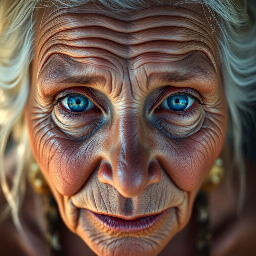 AI generated art for prompt: Envision a hyperrealistic portrait of an enchanting elderly Amazonian woman with prominent wrinkles 