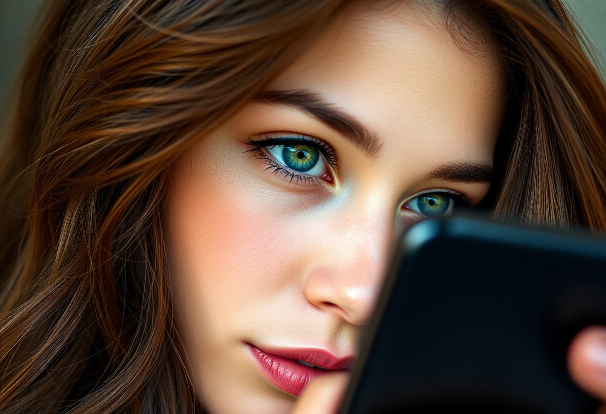 AI generated art for prompt: Envision a photorealistic smartphone portrait of a Hispanic woman with striking emerald eyes and lon