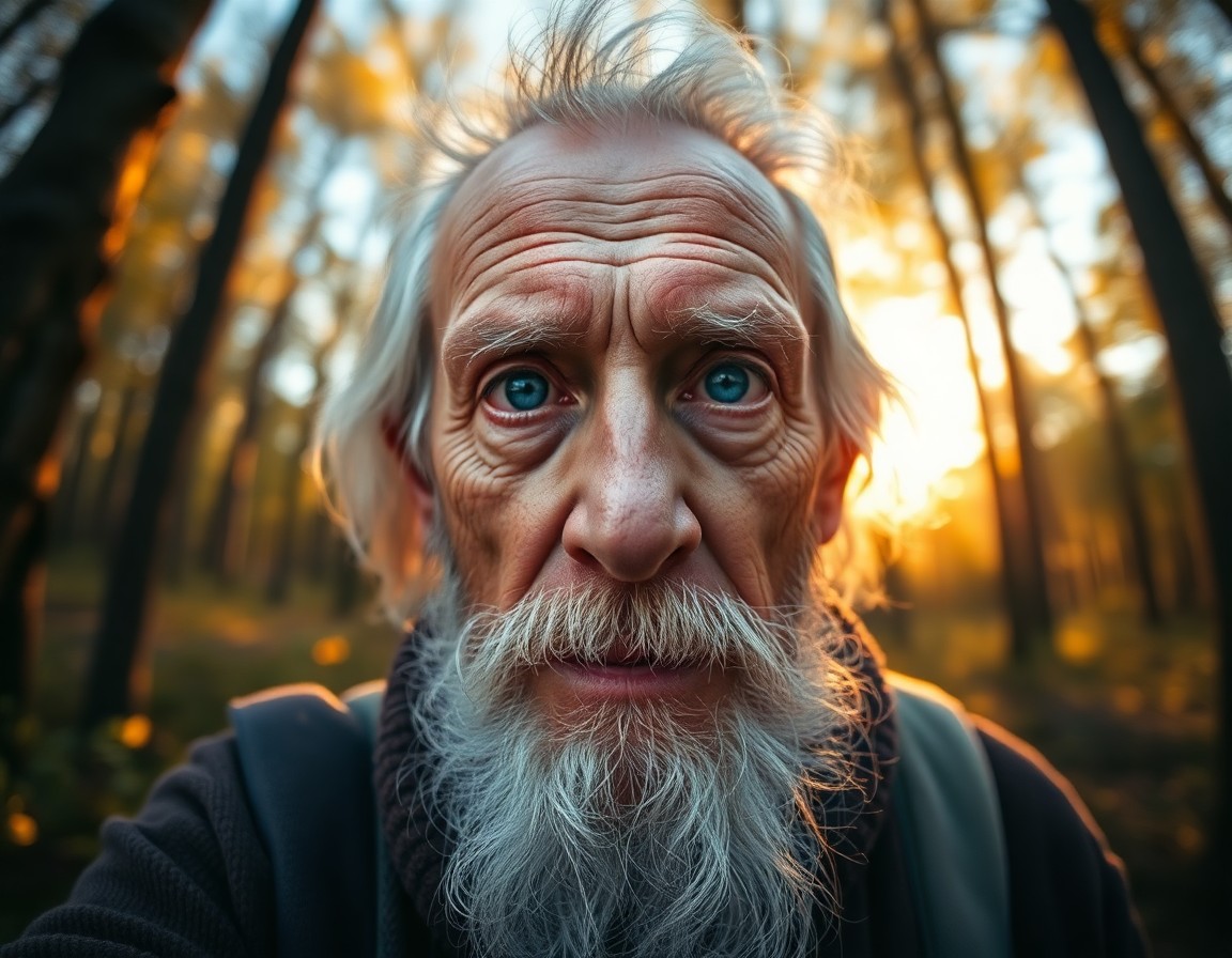 AI generated art for prompt: A meticulously crafted portrait photograph captures a wise old hermit amidst a serene forest glen, b