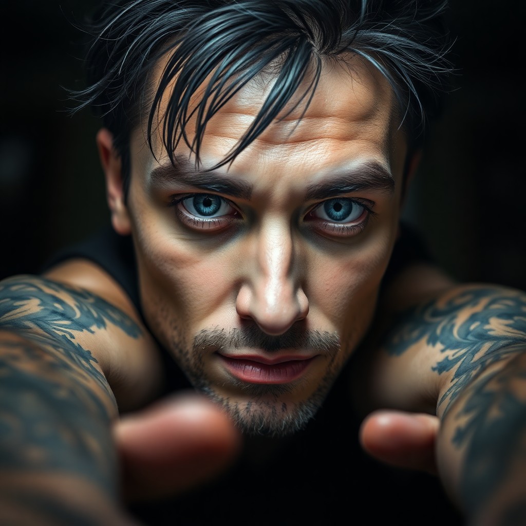 AI generated art for prompt: An ultrarealistic portrait, showcasing a tattoo artist's enigmatic presence, captures their wistful 