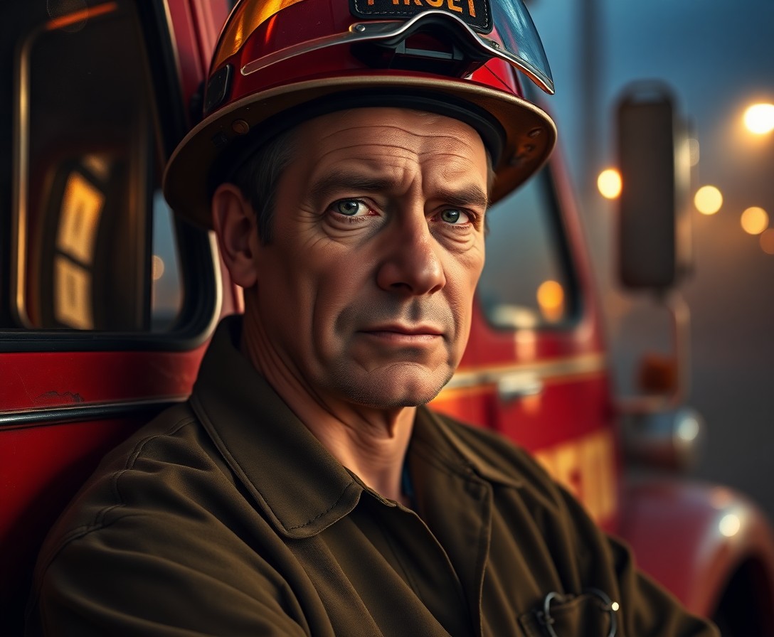 AI generated art for prompt: Craft a photorealistic portrait of an experienced firefighter with world-weary features and subtle s